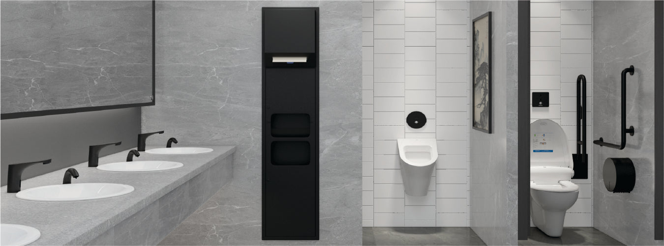 Image of Modern washroom with sleek sinks, wall-mounted toilet, and accessibility features for hygiene and convenience.