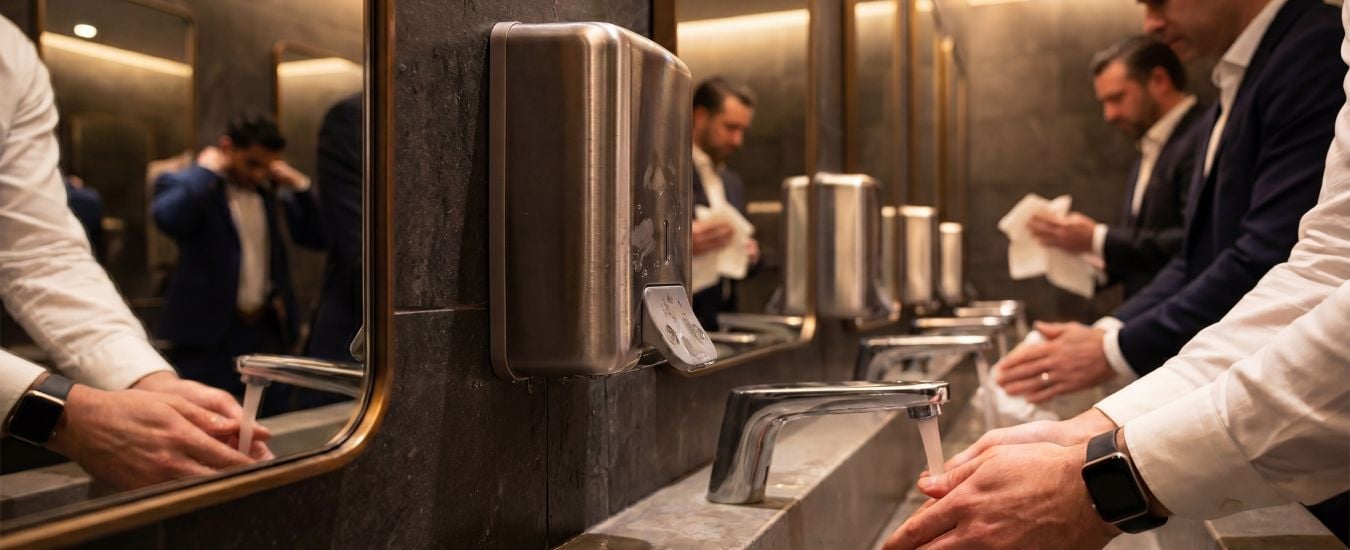 Image of Modern washroom with stainless steel soap dispensers and faucets for hygiene and convenience