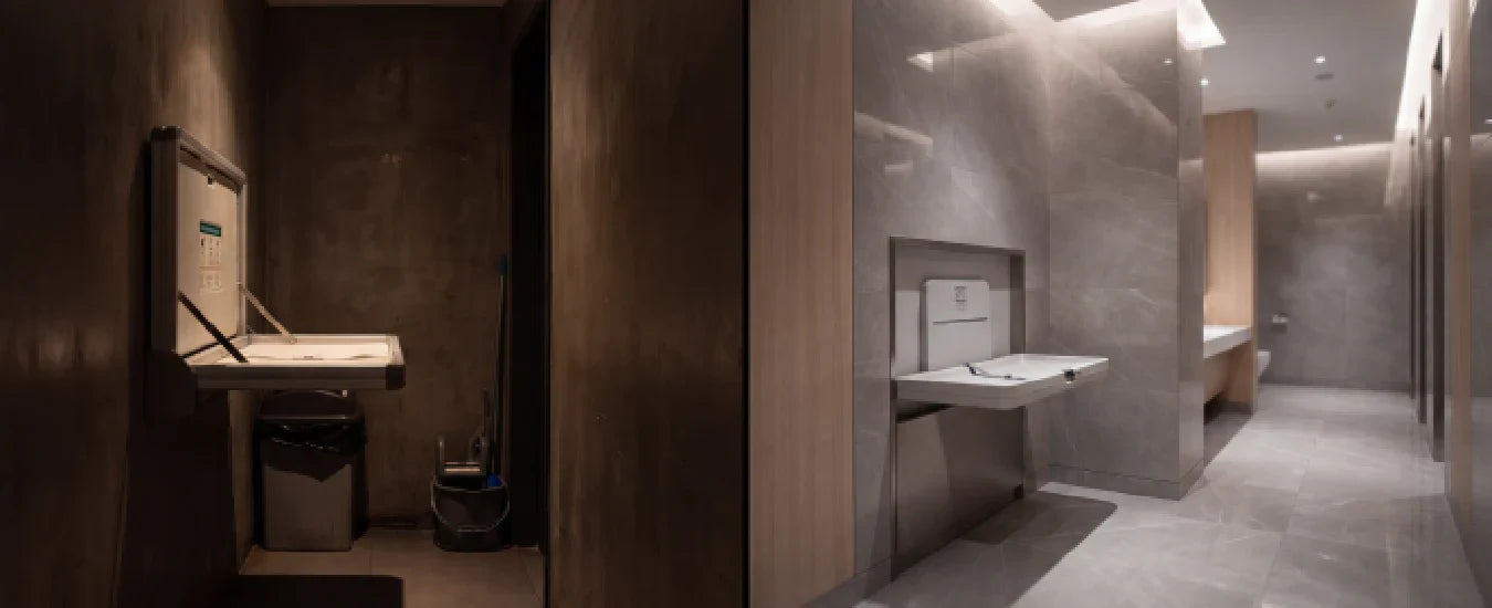 Image of Modern washroom with wall-mounted sink, sleek fixtures, and hygiene-focused design for enhanced convenience