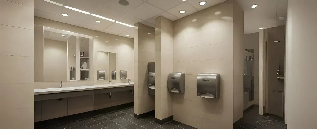 Image of Modern commercial washroom with sleek sinks, large mirrors, and wall-mounted hand dryers for hygiene and convenience.