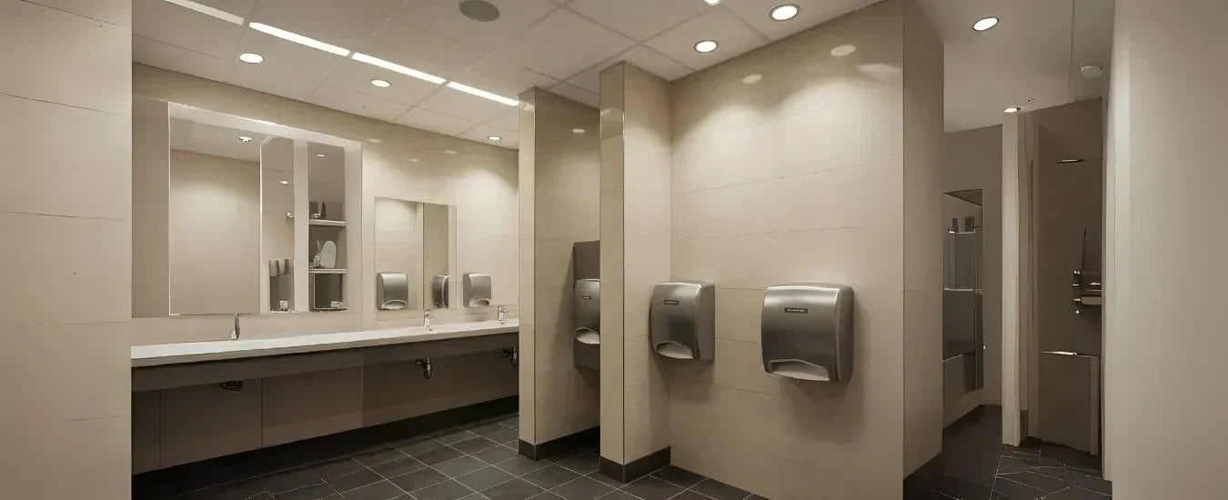Image of Modern commercial washroom with sleek sinks, large mirrors, and wall-mounted hand dryers for hygiene and convenience.