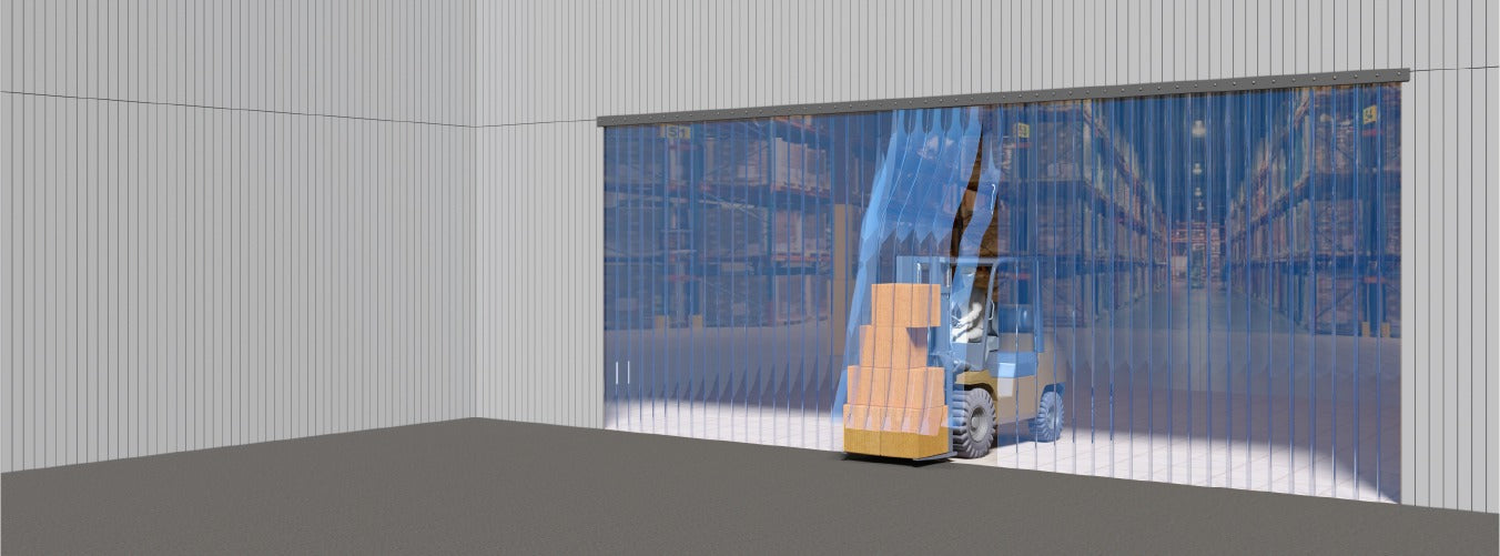 Image of Forklift passing through blue industrial strip curtain in warehouse setting