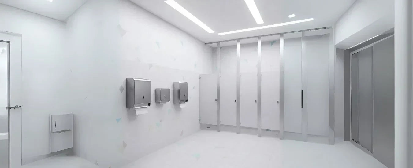 Image of Modern commercial washroom with stainless steel dispensers, white partitions, and sleek hygiene fixtures for public restrooms