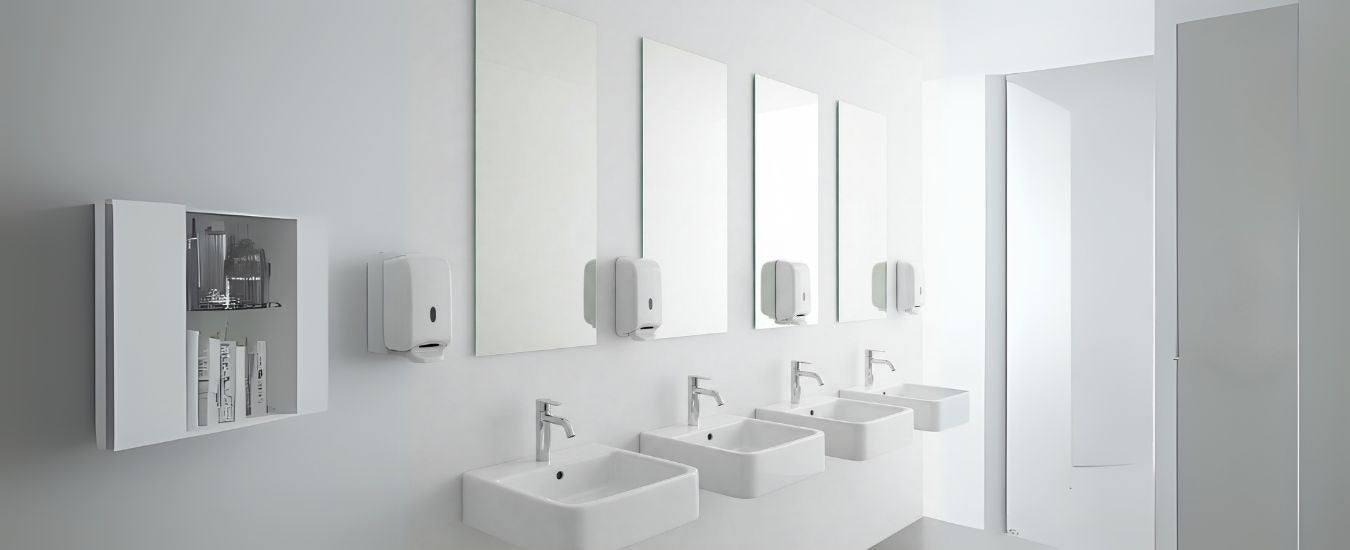 Image of Modern washroom with white sinks, mirrors, and soap dispensers for hygiene and convenience