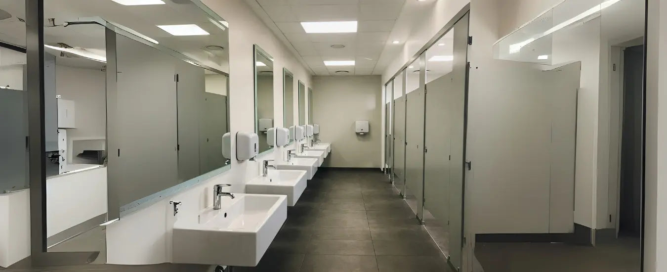 Image of Modern washroom with white sinks, mirrors, and stalls for enhanced hygiene and convenience