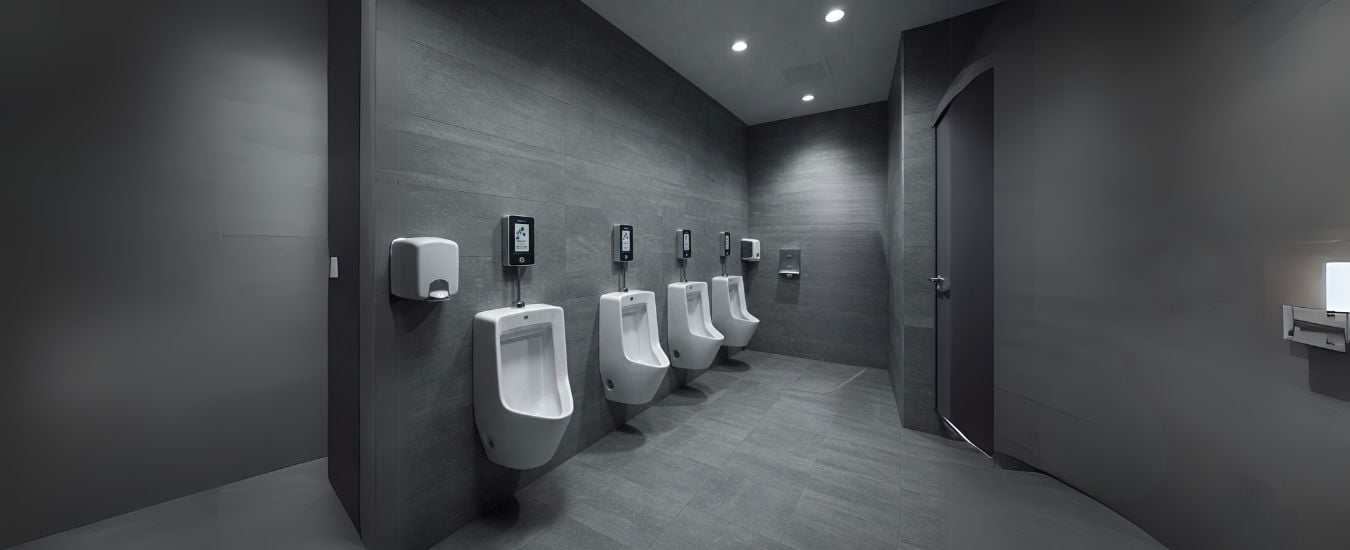 Image of Modern washroom with automatic urinals, soap dispensers, and sleek gray tile walls for hygiene and convenience