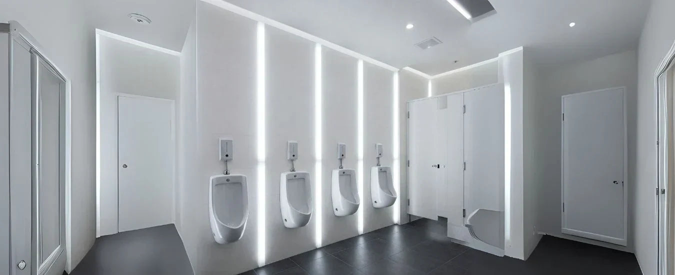 Image of Modern washroom with white urinals, illuminated walls, and sleek stalls for hygiene and convenience