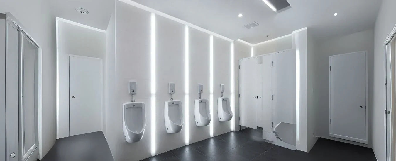 Image of Modern washroom with white urinals, illuminated walls, and sleek stalls for hygiene and convenience