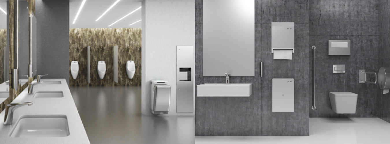Image of Modern washroom with sleek sinks, urinals, and wall-mounted fixtures for hygiene and convenience