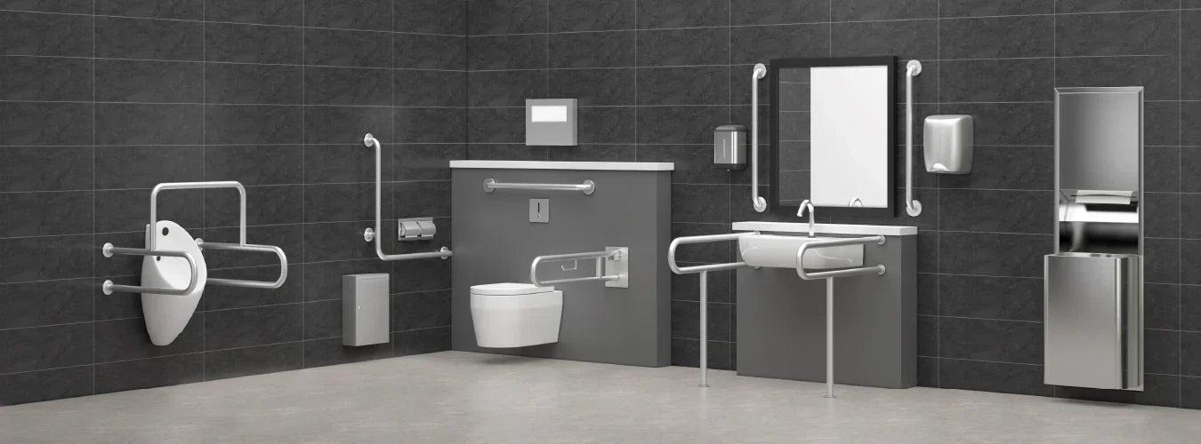 Image of Accessible washroom with grab bars, wall-mounted toilet, sink, and hygiene fixtures for enhanced convenience and safety