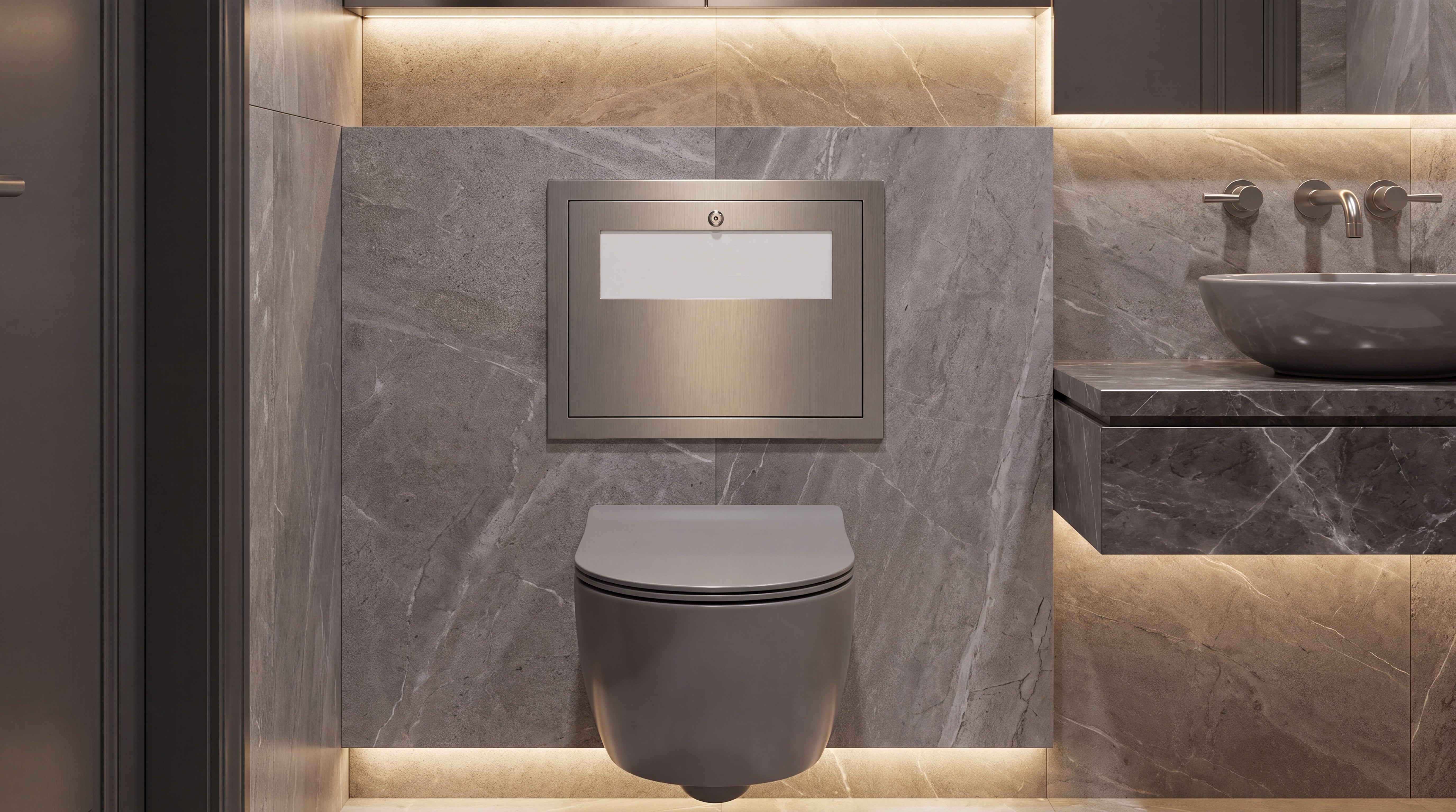 Image of Stainless steel wall-mounted toilet seat cover dispenser in a modern marble bathroom