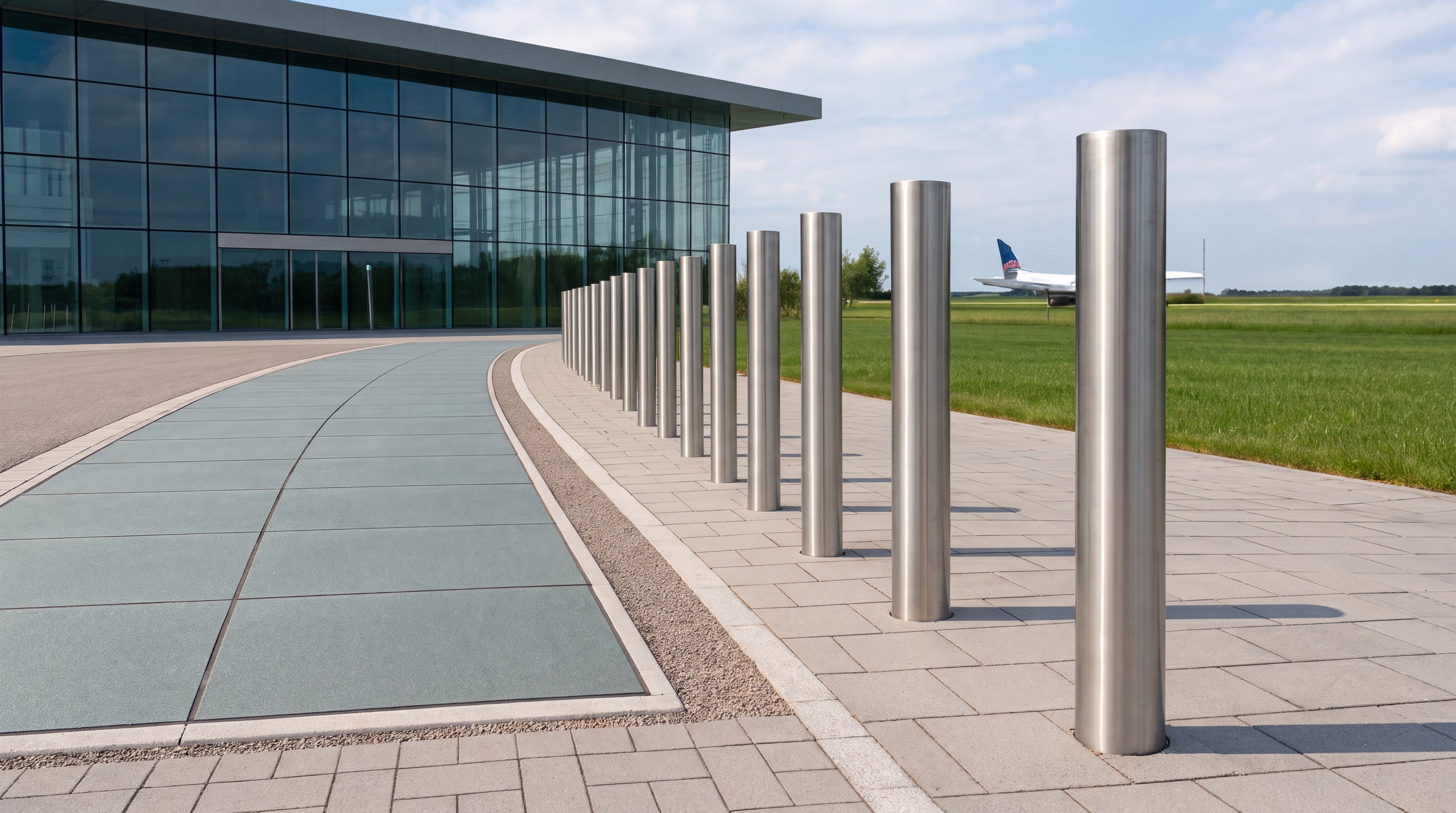 Image of A row of stainless steel security bollards installed outside a modern glass building near an airport.