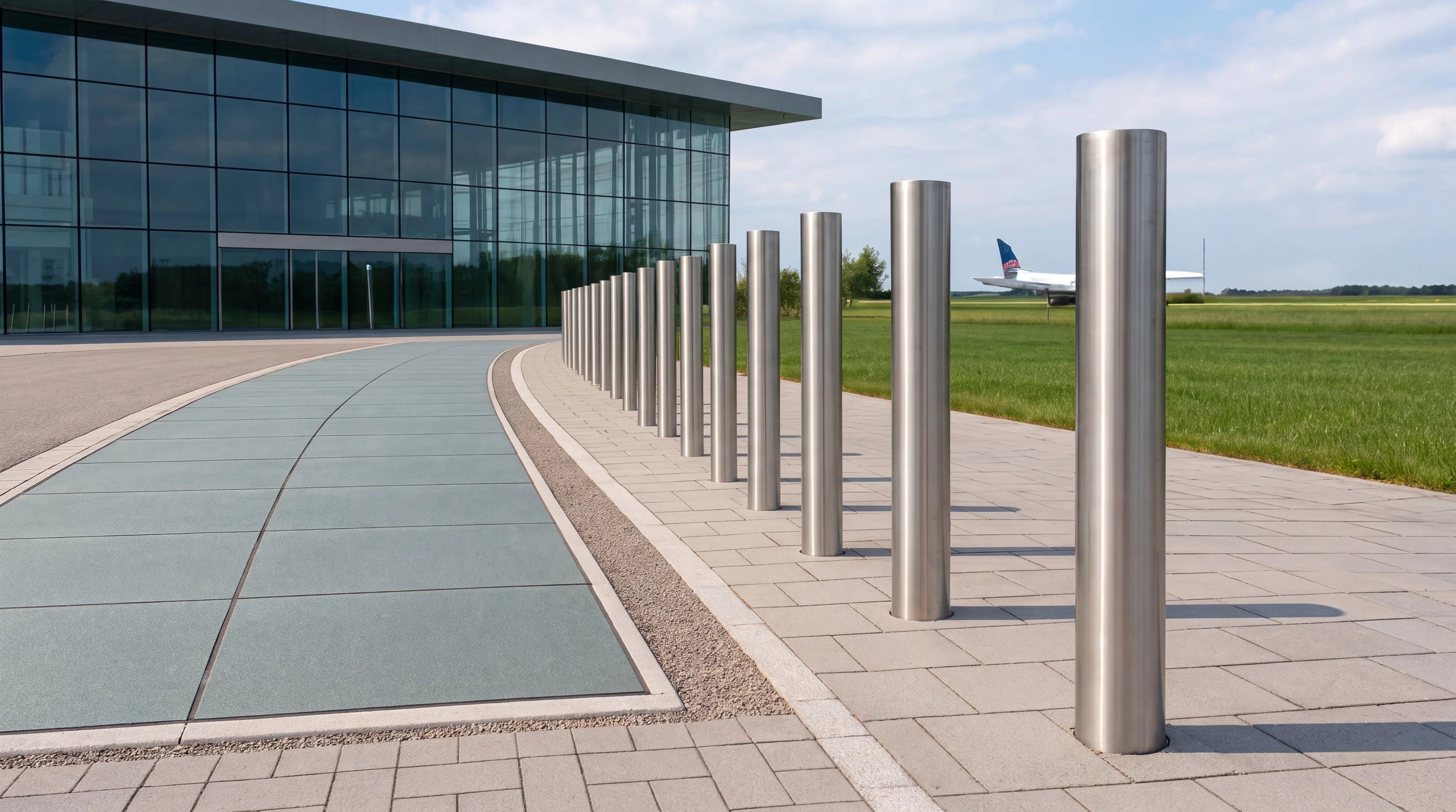 Image of A row of stainless steel security bollards installed outside a modern glass building near an airport.