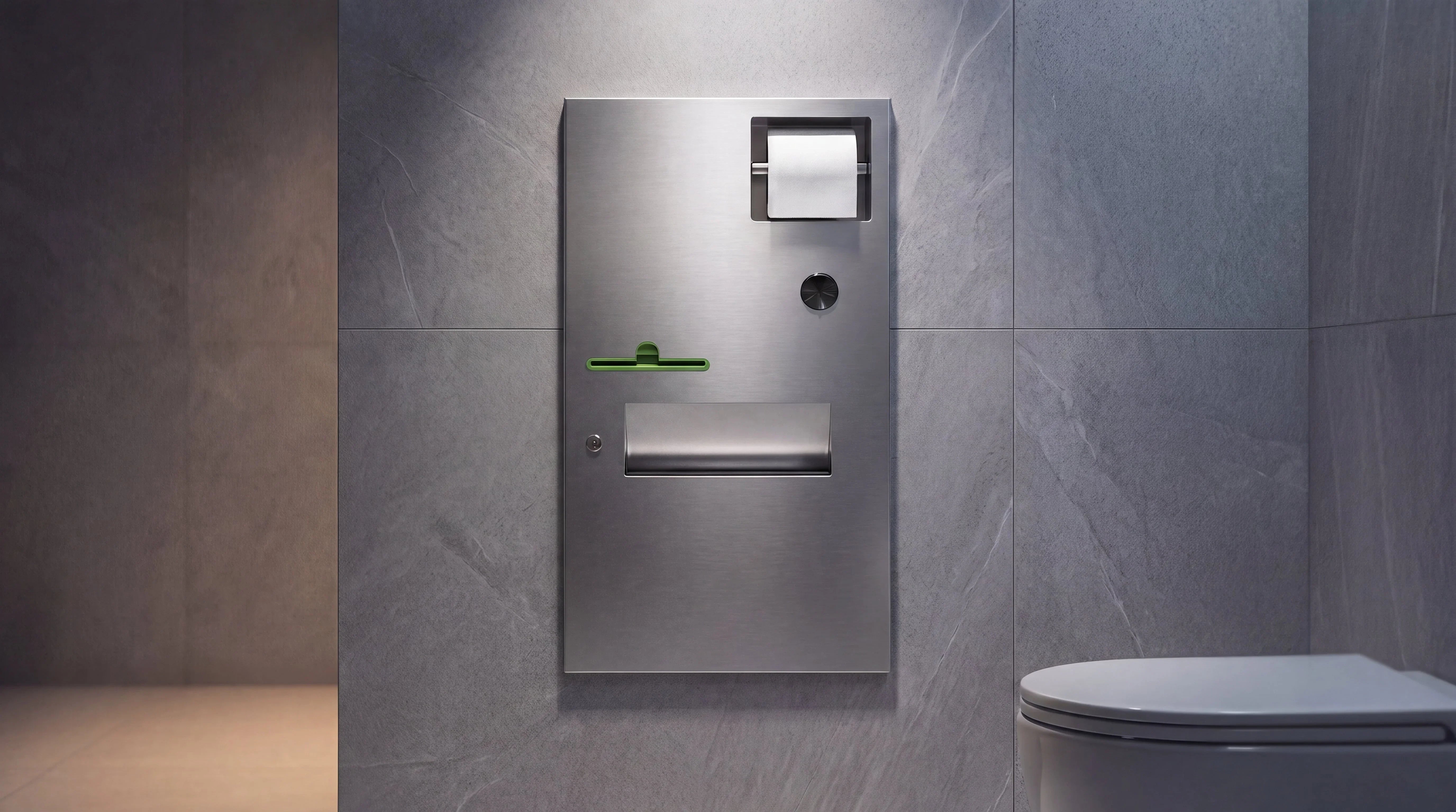 Image of Wall-mounted stainless steel sanitary napkin disposal unit with toilet paper holder