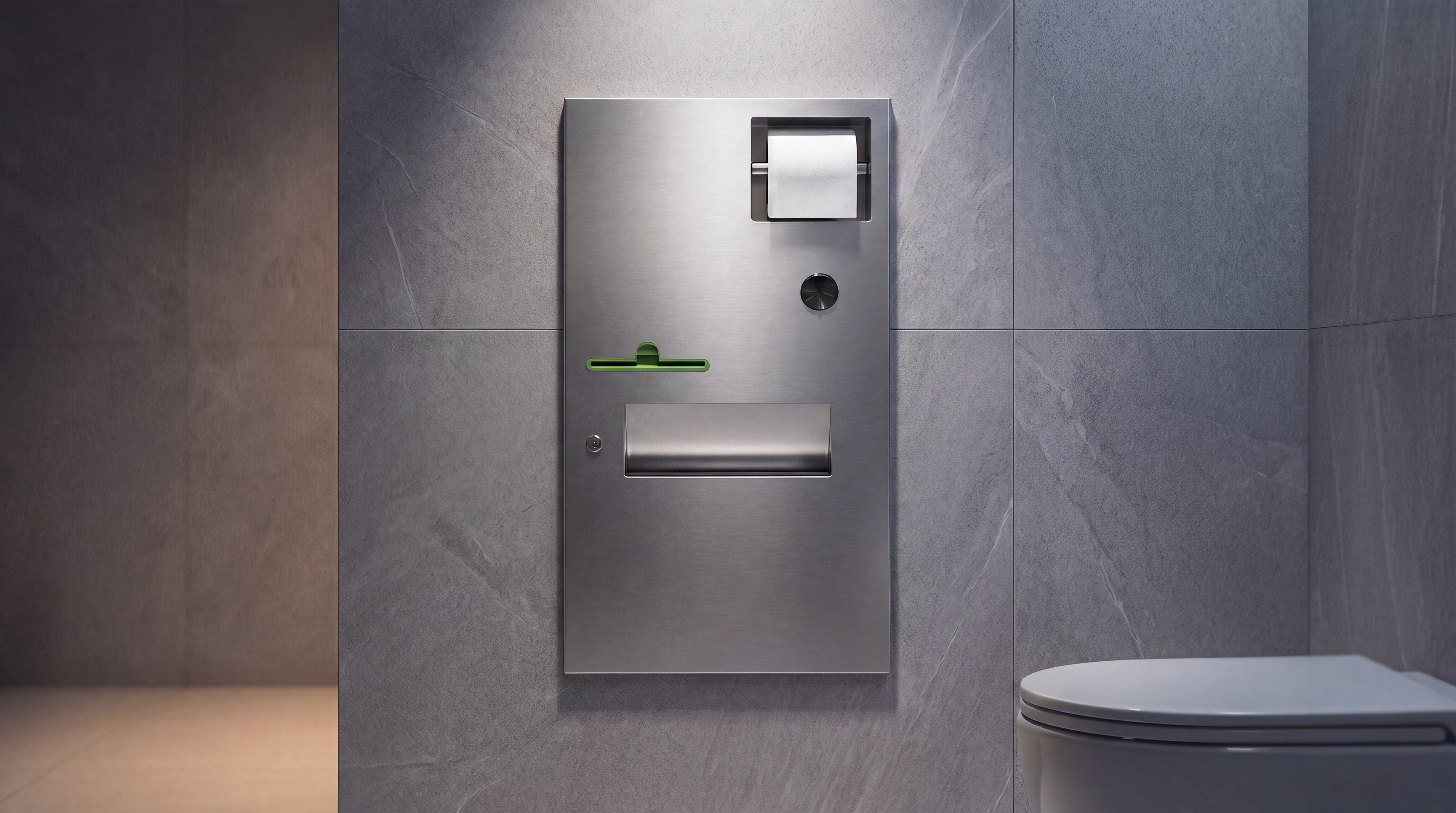 Image of Wall-mounted stainless steel sanitary napkin disposal unit with toilet paper holder
