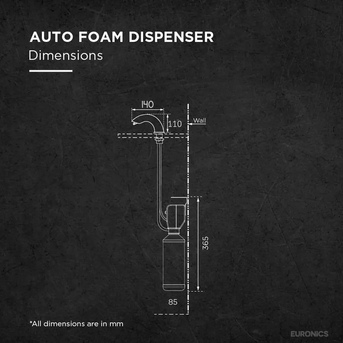 Technical dimension diagram of Euronics Industries FKSD2A basin mount auto foam soap dispenser