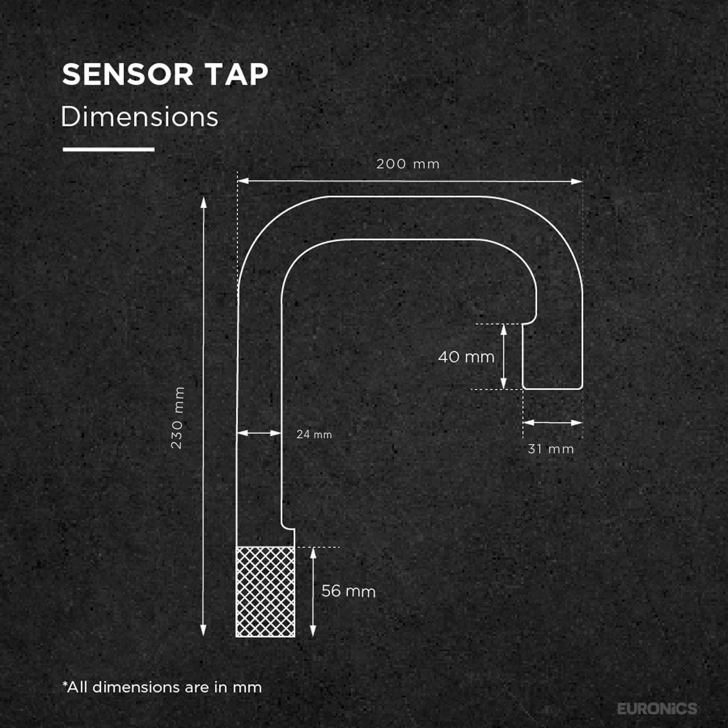 Image of Technical dimension diagram of Euronics Industries ET18BE automatic sensor tap.