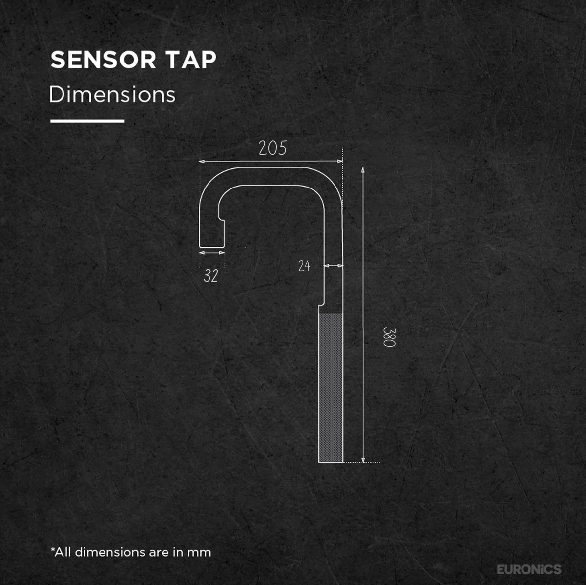 Technical dimension drawing of Euronics Industries ET28LBE automatic sensor tap.