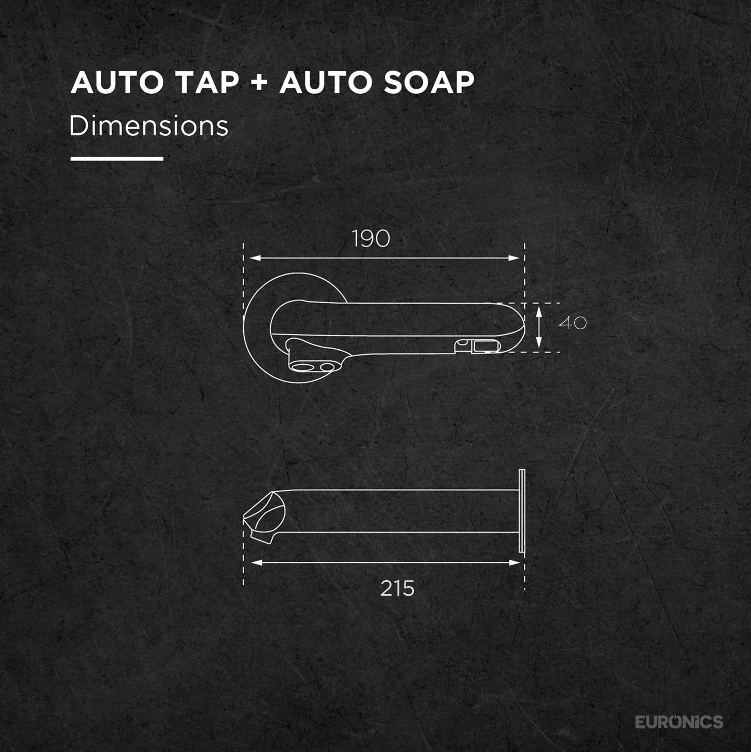 Image of Dimensions diagram for Euronics Industries KSDT11 Automatic Tap and Auto Soap Dispenser.