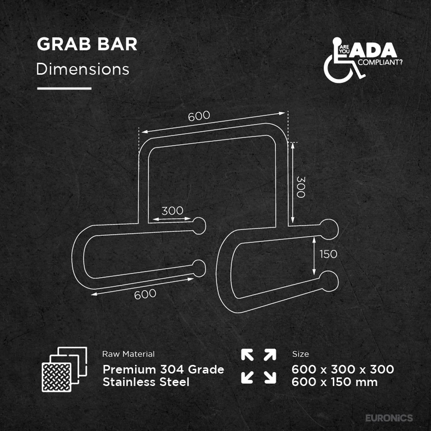 EGR5U Stainless Steel Safety Grab Bar for Urinal Areas