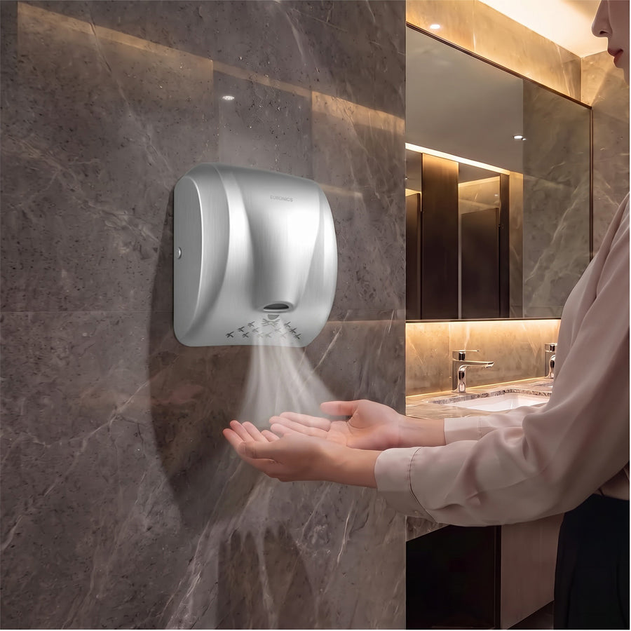 Image of Euronics Industries stainless steel EH210N hand dryer mounted on a marble wall in a bathroom