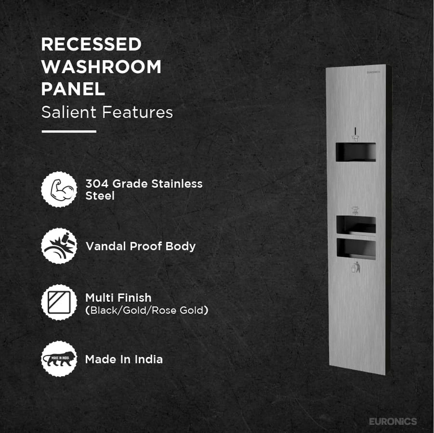 KMR2NE — All-in-One Washroom Panel

Hand Dryer + Tissue Dispenser + Waste Receptacle (Surface Mounted)