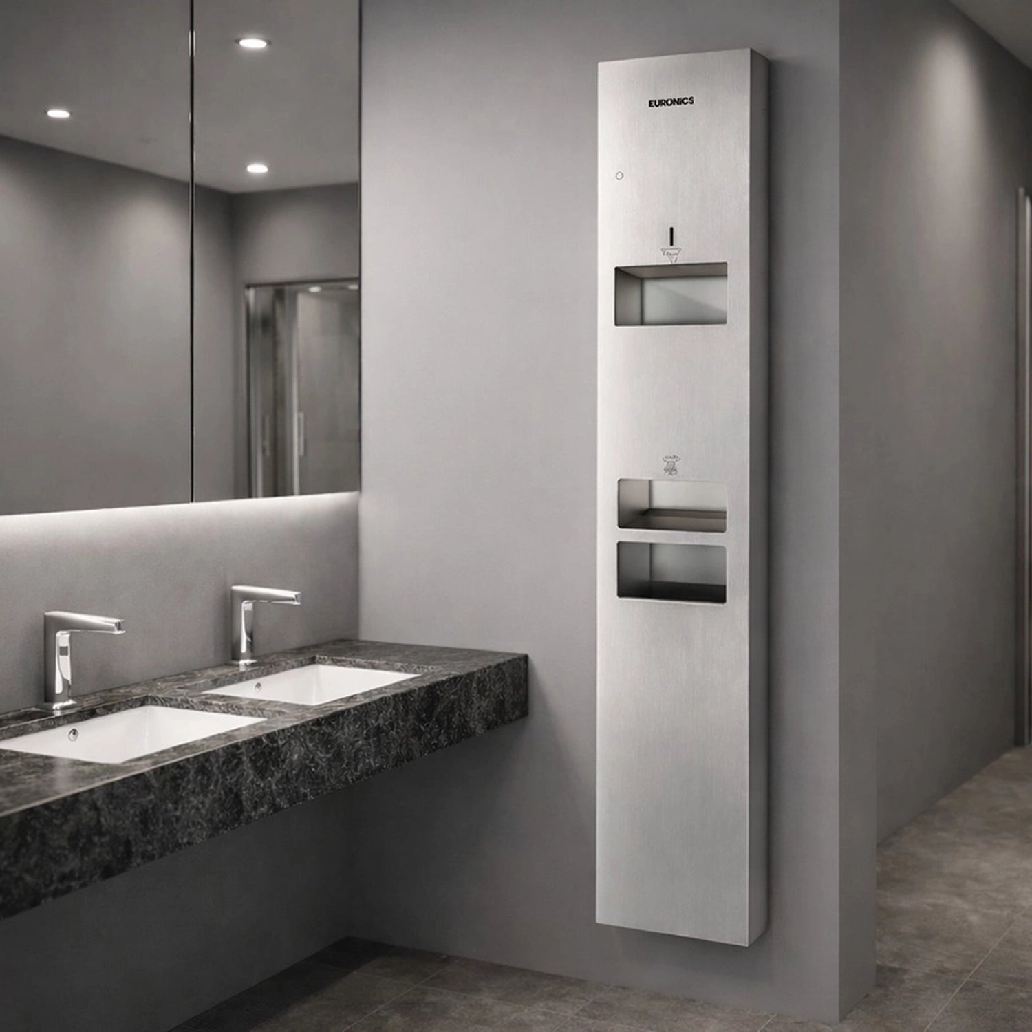 KMR2NE — All-in-One Washroom Panel

Hand Dryer + Tissue Dispenser + Waste Receptacle (Surface Mounted)
