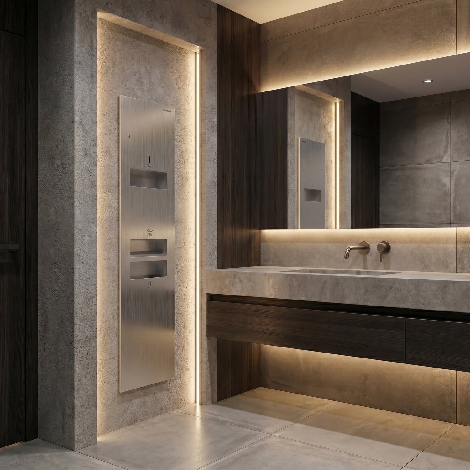 KMR2N — Hand Dryer + Tissue Dispenser + Waste Receptacle Recessed All-in-One Hand Hygiene Station for Commercial Washrooms