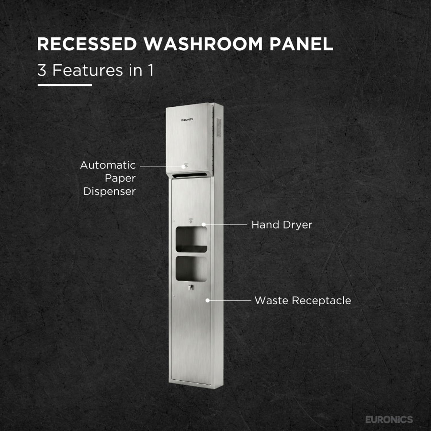 Image of KMR53AE — All-in-One Washroom Panel

Automatic Paper Roll Dispenser + Hand Dryer + Waste Receptacle