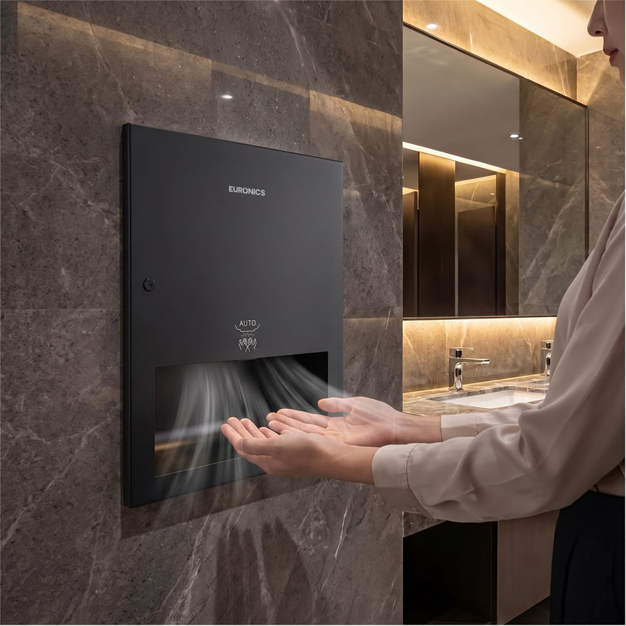 Image of Euronics Industries RHD2 recessed stainless steel hand dryer in a modern washroom