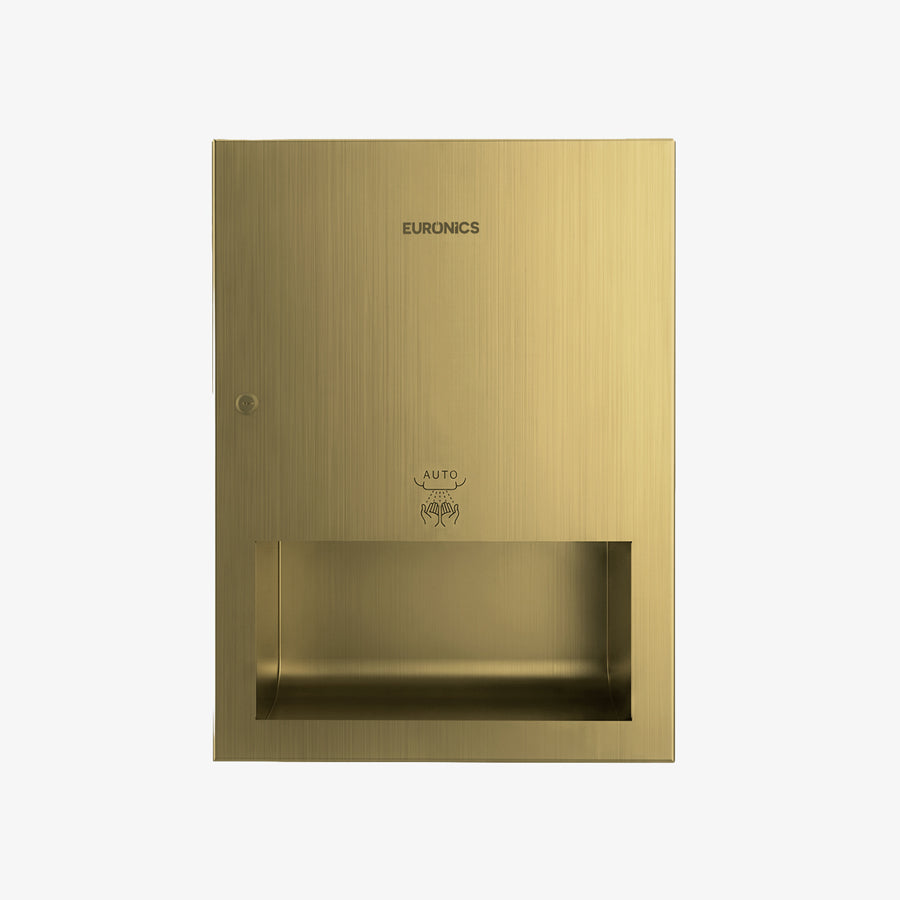 Euronics Industries RHD3 recessed stainless steel hand dryer in a gold finish