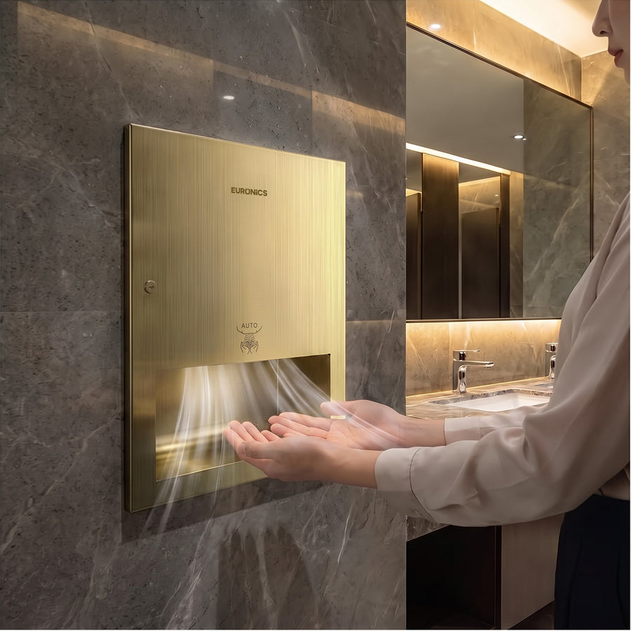 Euronics RHD3 recessed stainless steel automatic hand dryer in a modern washroom.