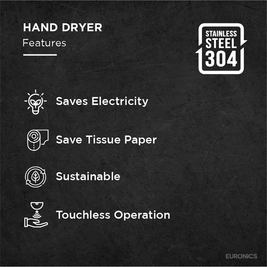 Image of Euronics Industries RHD3 hand dryer features: 304 stainless steel, touchless, and sustainable.