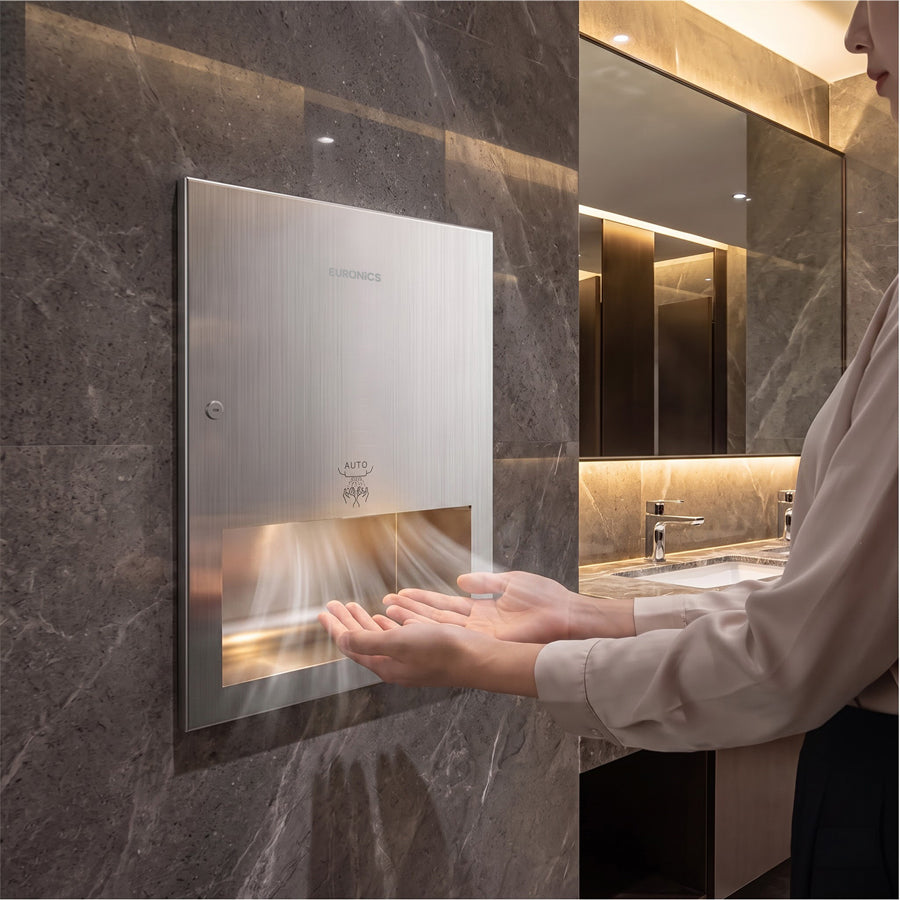 Image of Euronics Industries recessed stainless steel hand dryer in a luxury washroom.