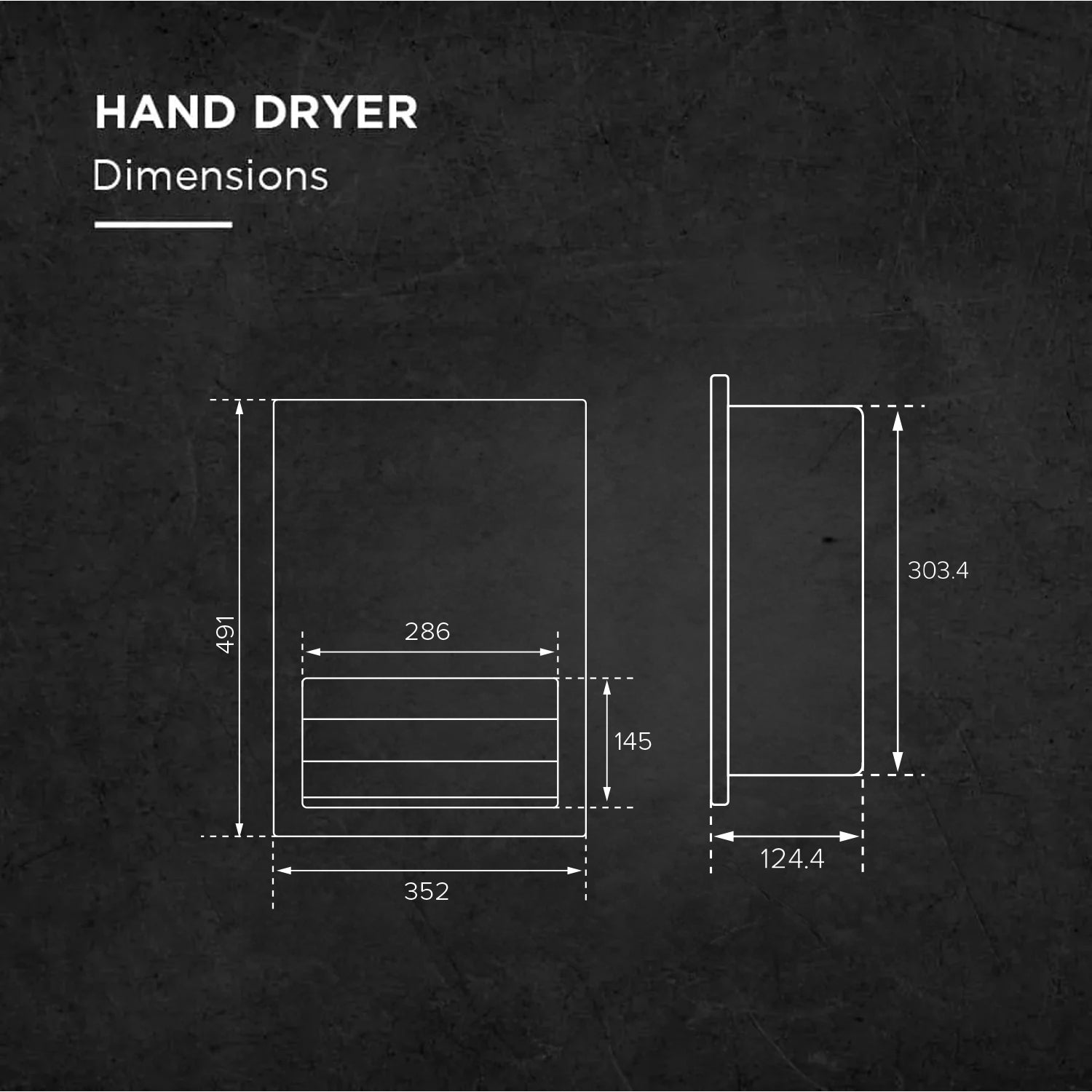 Image of Technical dimension diagram for Euronics Industries RHD3 recessed stainless steel hand dryer.