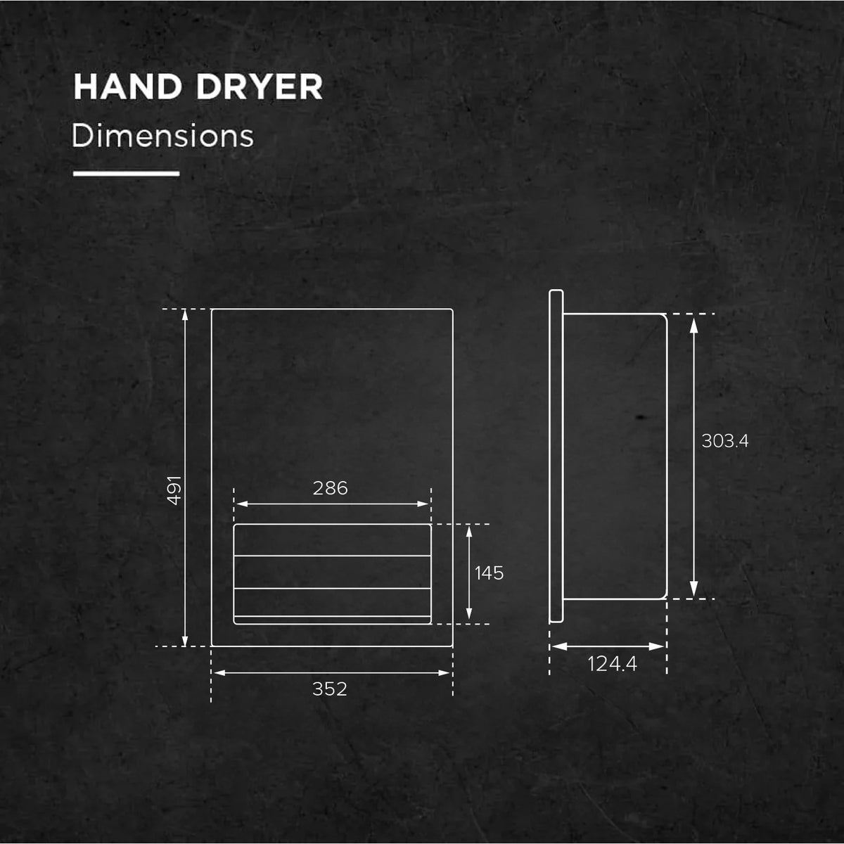 Technical dimension diagram for Euronics Industries RHD3 recessed stainless steel hand dryer.