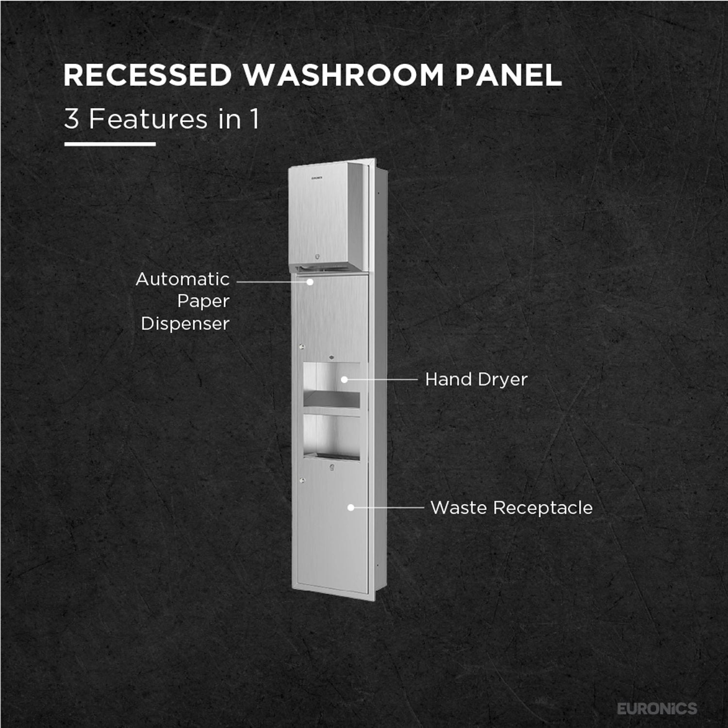 Trimax R5— Recessed All-in-One Washroom Panel

Automatic Paper Roll Dispenser + Hand Dryer + Waste Receptacle
