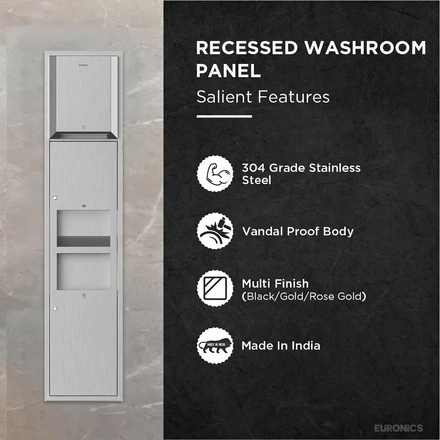 Trimax R5— Recessed All-in-One Washroom Panel

Automatic Paper Roll Dispenser + Hand Dryer + Waste Receptacle