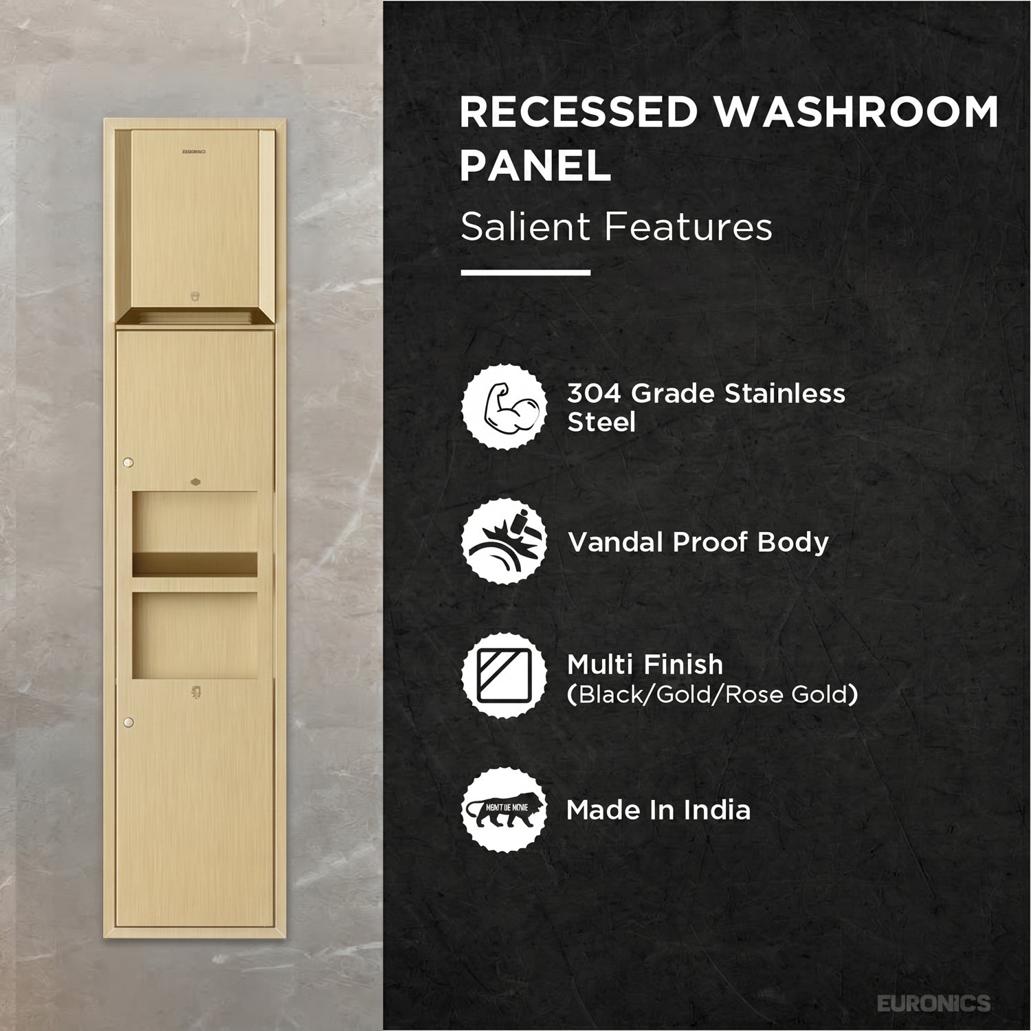 Trimax R5— Recessed All-in-One Washroom Panel

Automatic Paper Roll Dispenser + Hand Dryer + Waste Receptacle