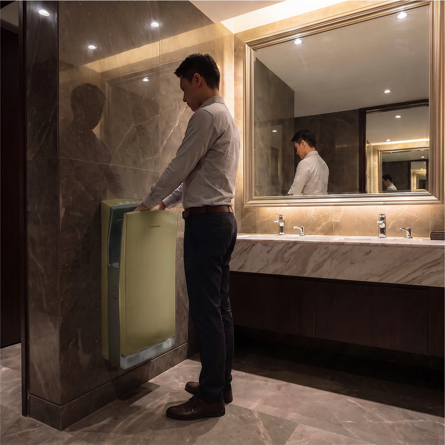 A man using a Euronics Industries stainless steel hand dryer in a luxury marble washroom.